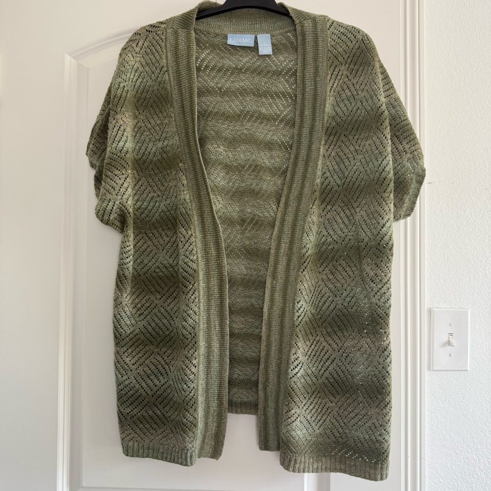 Liz & Me Art to Wear Green Boho Crochet Open Front Cardigan Sweater 1X 18/20W